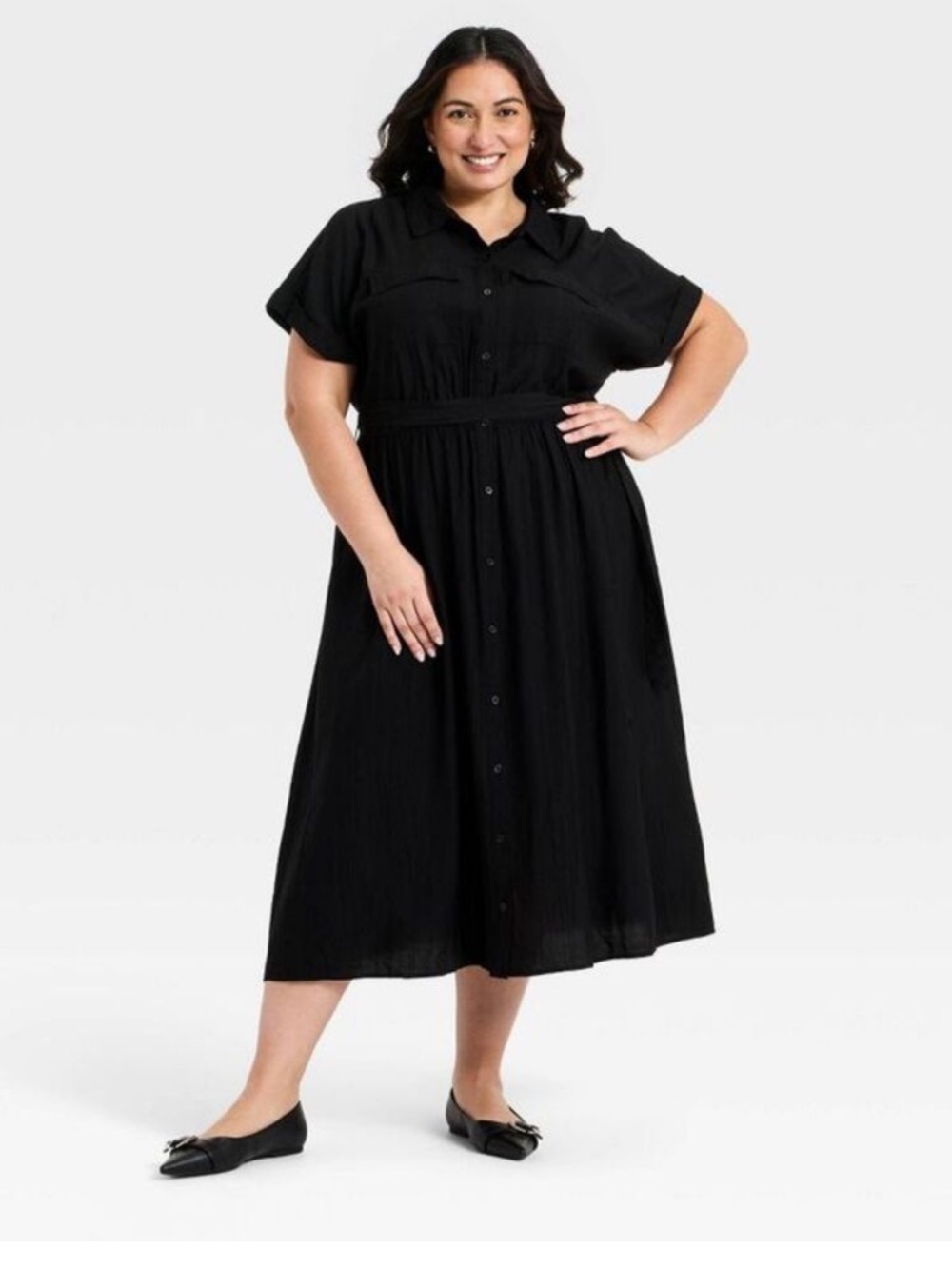 Short Sleeve Tie-Front Midi Shirtdress - Ava & Viv Black- plus sizes available